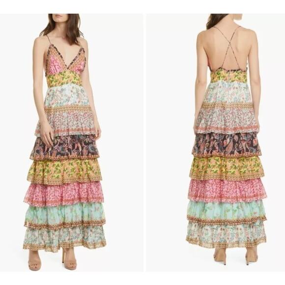 Alice + Olivia Imogene Tiered Ruffle Maxi Floral Dress Meadow Magic Size 4 - Picture 1 of 15